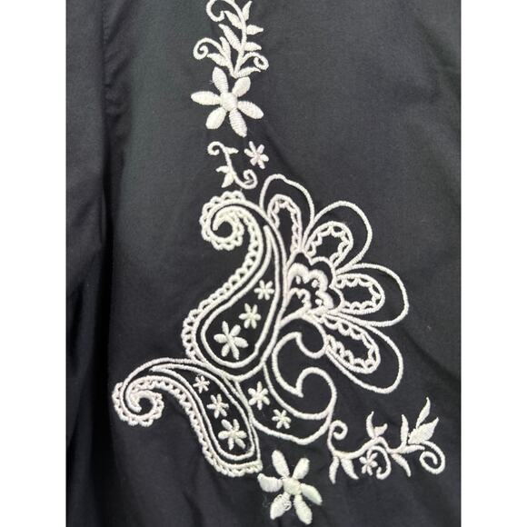 Gap Boho Embroidered Cotton Poplin Popover Top Button Up Sz L Black Renaissance - Picture 2 of 8